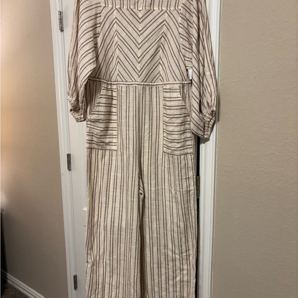 Free People Beige and Maroon Striped Jumpsuit